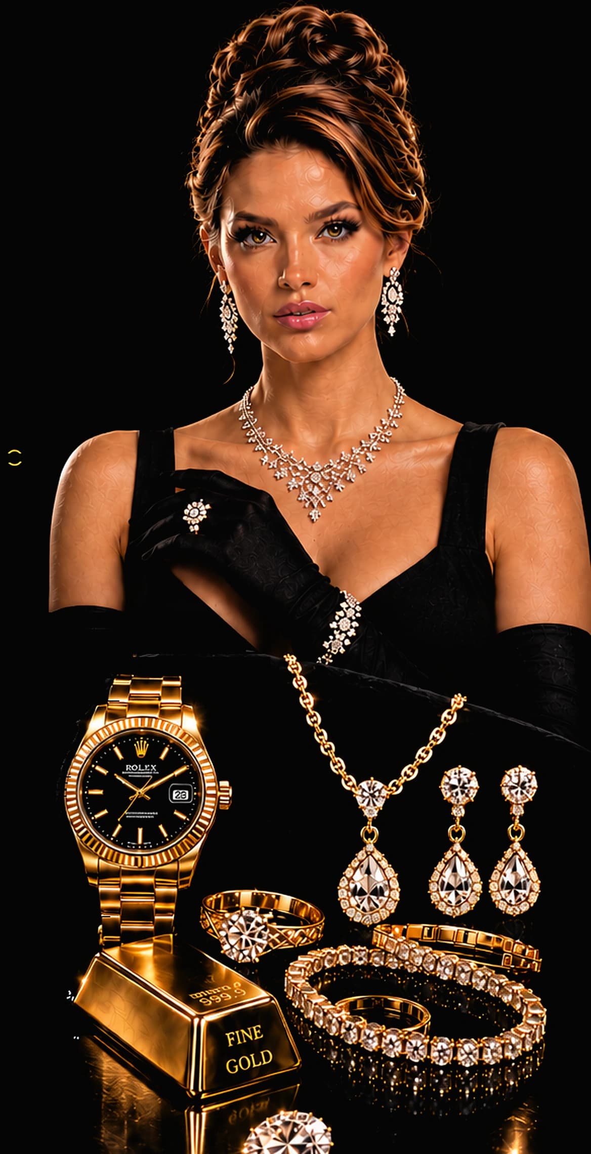 Modelo com joias de diamantes, Rolex de ouro, barra Fine Gold e pulseiras de brilhantes — Maison Alex Joias